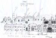 A sketch of the Harris & Pearson Building and the buildings to the west of it in 1930 by R.E. Cook